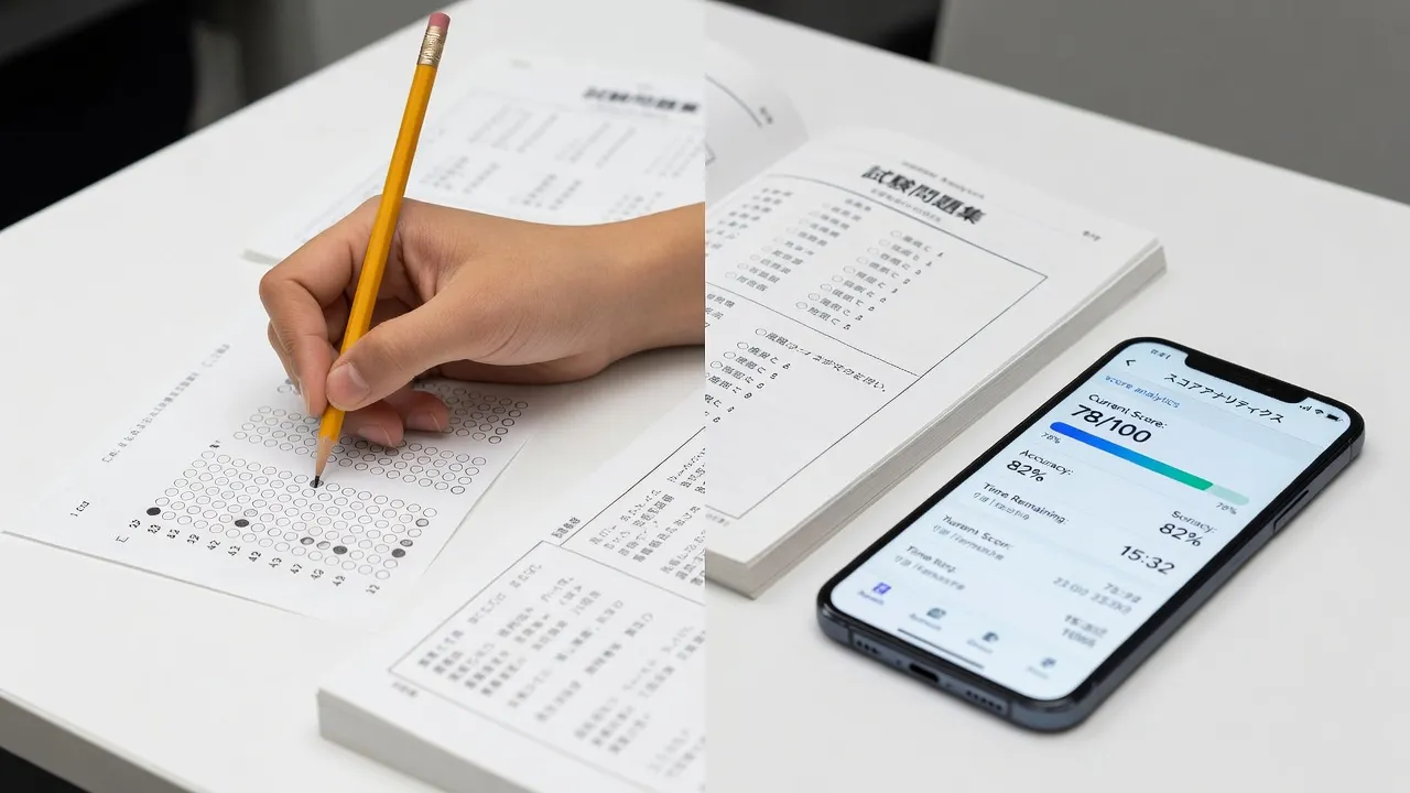 Student completing a printed JLPT answer sheet alongside digital performance tracking on a smartphone.