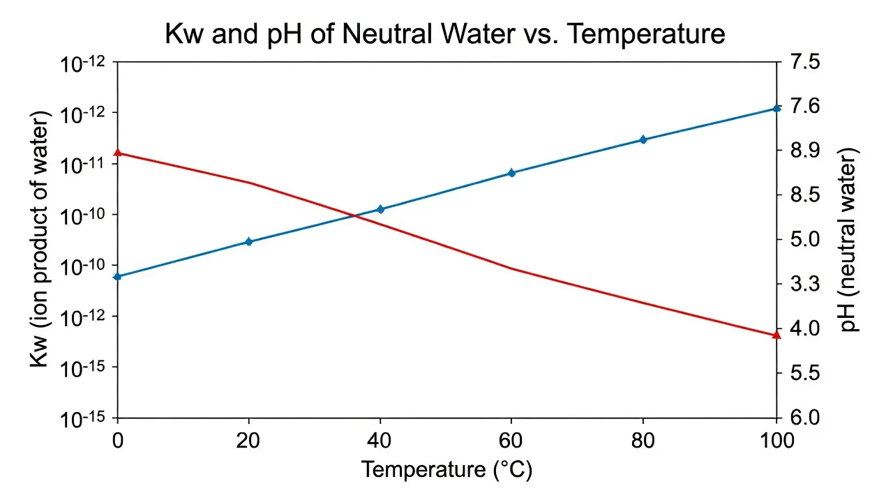 Graph showing the increase of Kw and decrease of neutral pH as temperature rises