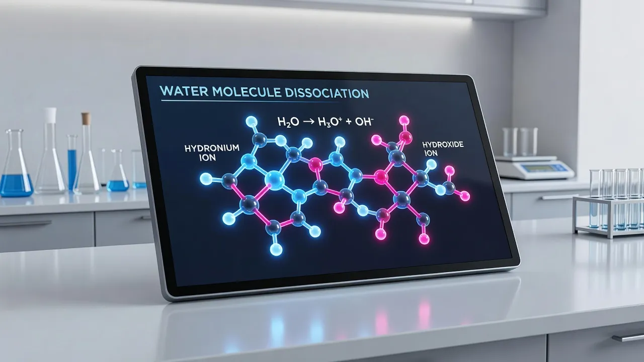 3D visualization of water autoionization into hydronium and hydroxide ions in chemistry lab
