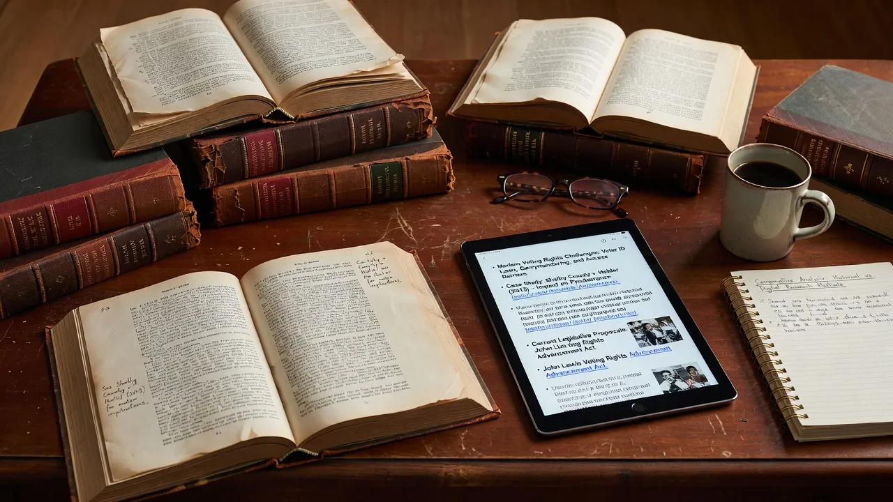 An open historic book next to modern educational study tools detailing voting rights legal documents.