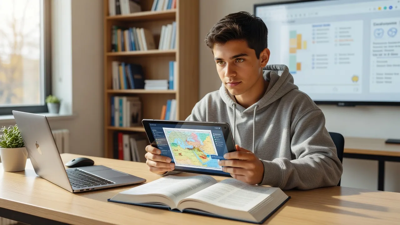 High school student utilizing digital homework tools to analyze reading comprehension materials.