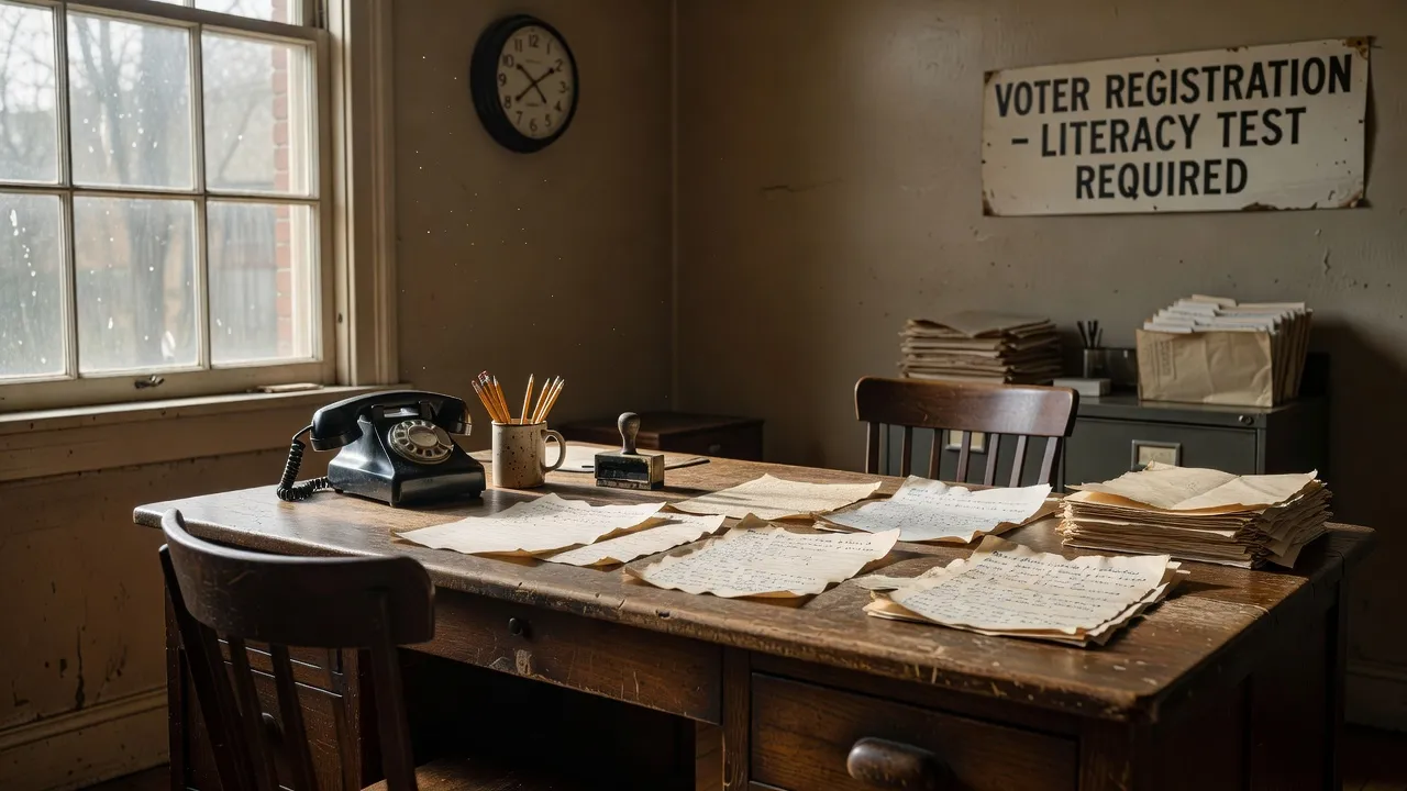 Historic sample voter literacy test documents used during the Jim Crow era in the United States.