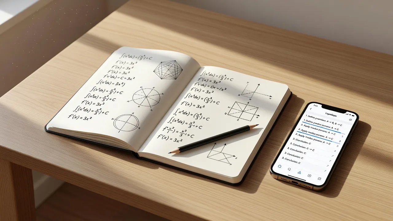 A modern study desk with handwritten math riddles in a notebook alongside a smartphone displaying step-by-step puzzle solutions.