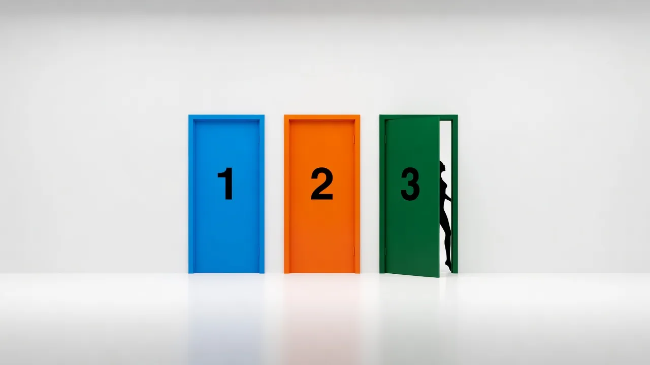 Three numbered game show doors representing the classic Monty Hall probability math riddle.