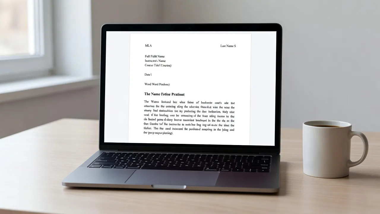 MLA format example essay layout shown on a laptop screen with correct margins and header formatting.