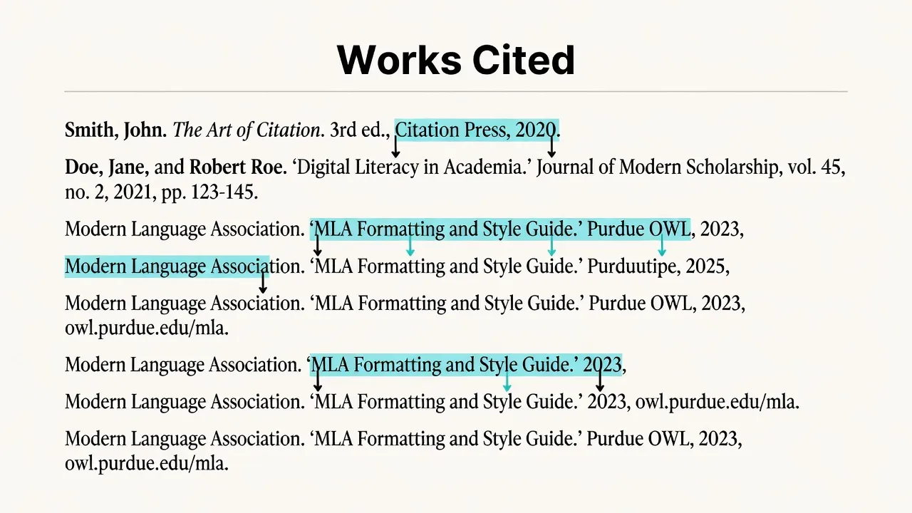 MLA Works Cited page example with hanging indents and proper citation syntax.