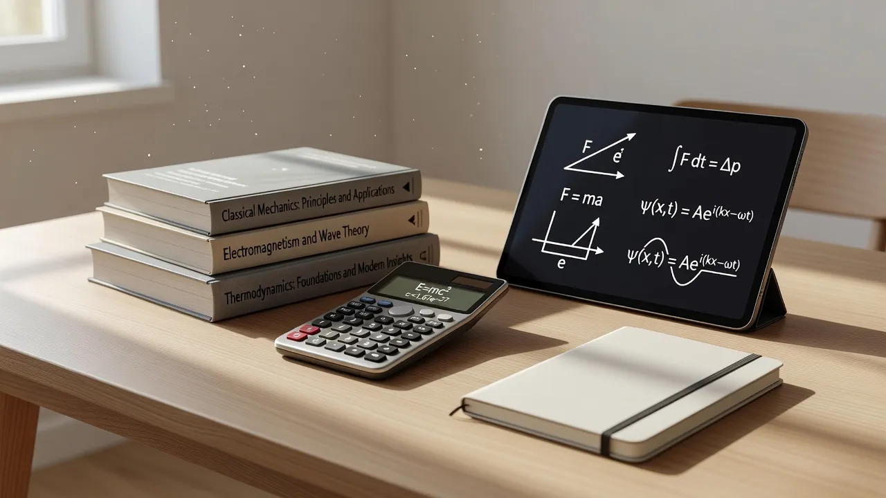 Physics GRE prep study station with physics textbooks and notes