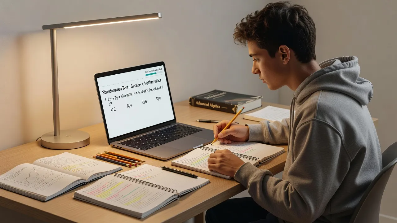 High school student taking official SAT Practice Test 4 on a laptop in a quiet study room.