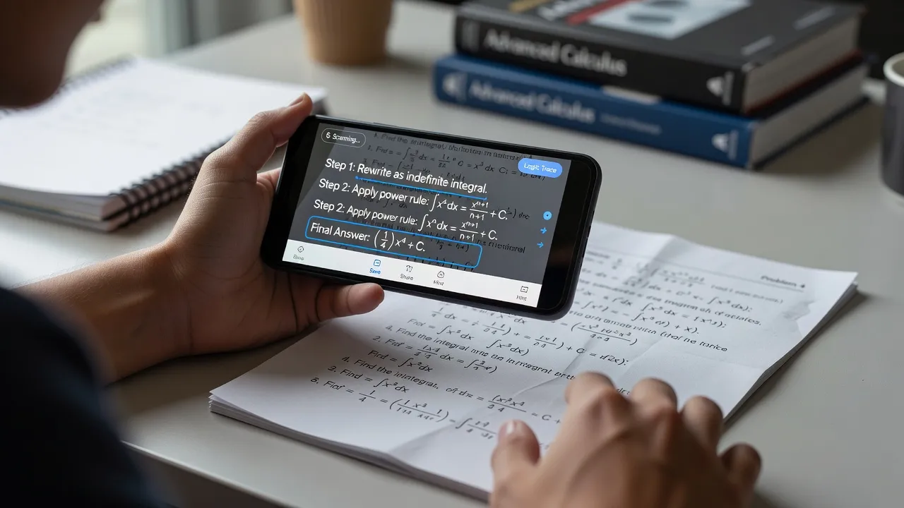 Student scanning an SAT Practice Test 4 math problem using ThinkAssist mobile app for step-by-step solutions.