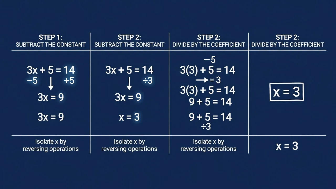 Diagram showing the inverse operation steps to solve a two-step algebraic equation.