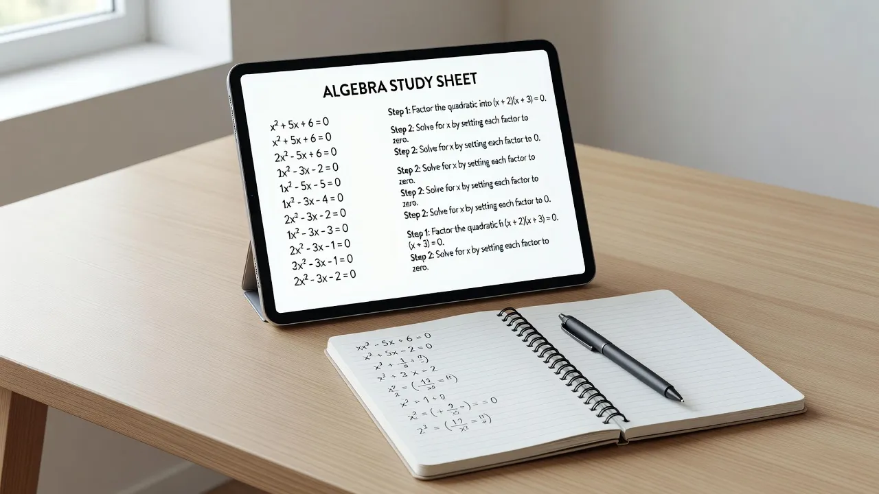 Digital study workspace showing structured math practice and equation exercises.