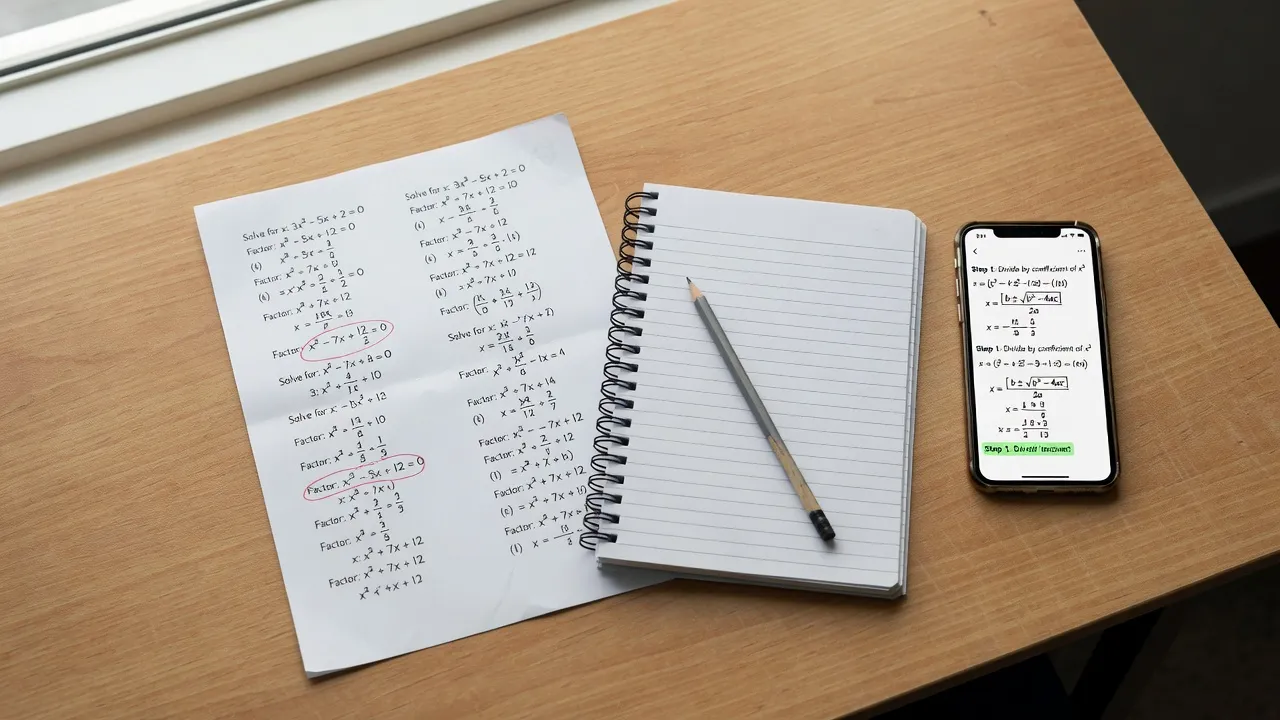 Two-step equations worksheet on a desk alongside a digital smartphone scanner app displaying solved math steps.
