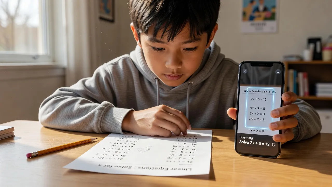 Middle school student completing a two-step equations worksheet at a desk with a smartphone homework scanner nearby.