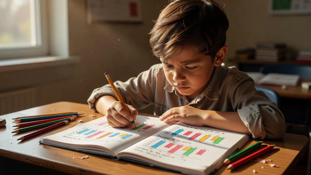 A 4th-grade student pencil-sketching a visual bar model to solve a multi-step math word problem on a wooden desk.