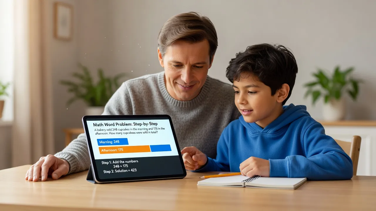 Parent and child reviewing step-by-step math word problem solutions on a screen.
