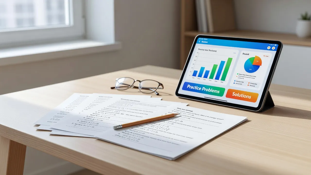 A stack of printed math word problem worksheets on a desk alongside a pencil and a tablet showing educational software.