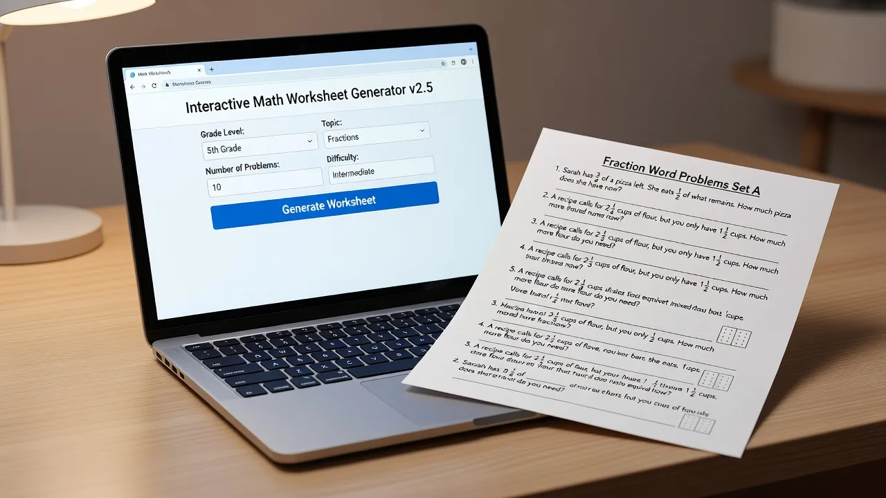 Laptop screen displaying a printable math worksheet builder next to printed practice pages.