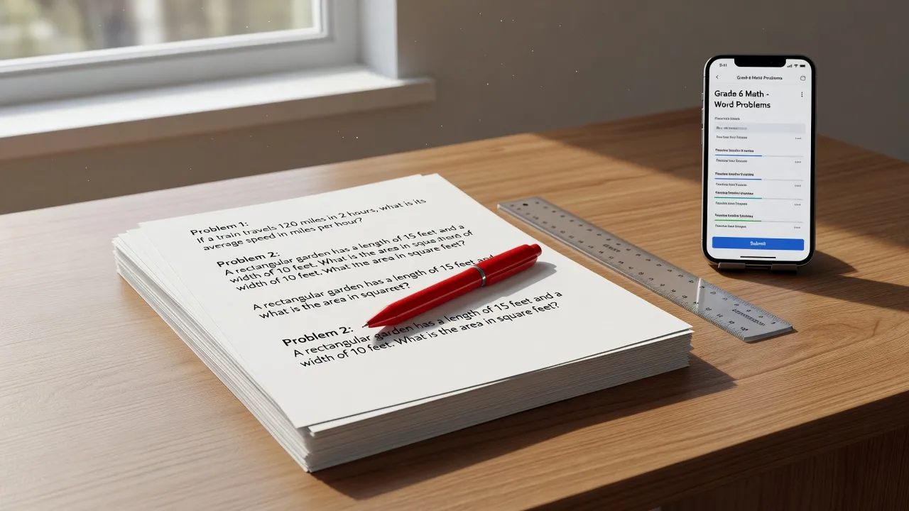 Math word problem worksheets printed out on a desk with a pencil and tablet.