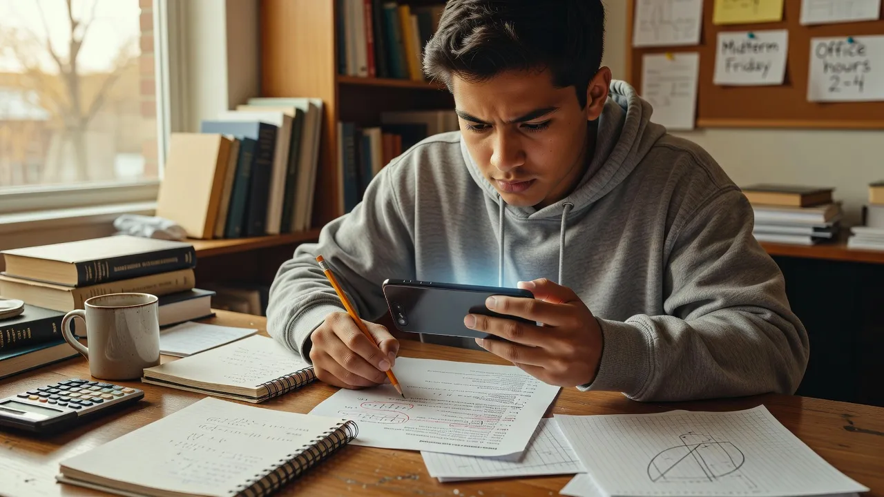 Student using a mobile device to scan a math problem on a printed worksheet.